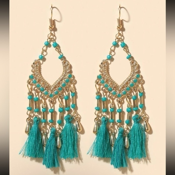 Gold 4/$25 Turquoise Beaded Tassel Drop Earrings - Picture 1 of 3